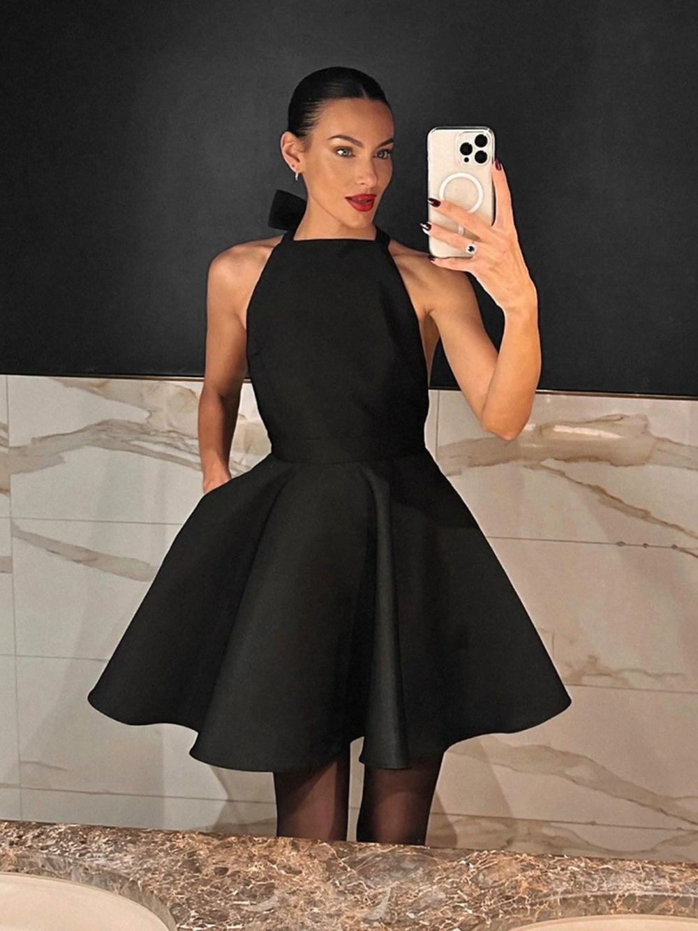 Forever 21 Vintage Satin Halter Neck Little Black Dress High Waist A-Line Tie